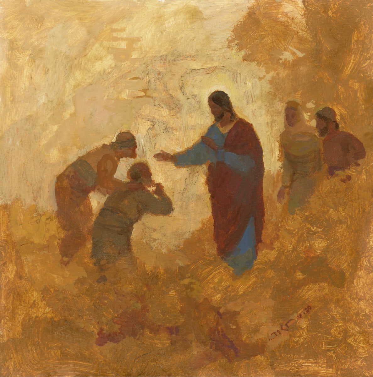 Healing the Blind by J. Kirk Richards  Image: Christ heals the blind. Tondo version For Illume Gallery