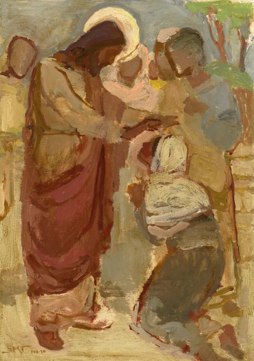 Healing by J. Kirk Richards  Image: Christ heals a kneeling woman. Painted for Megan Richards, daughter of the artist. 