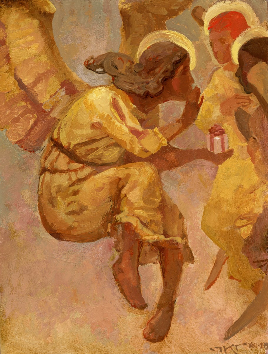 Secret Gifts by J. Kirk Richards  Image: Part of the 2020 virtual studio tour. An angel offers a small gift to a winged companion. 