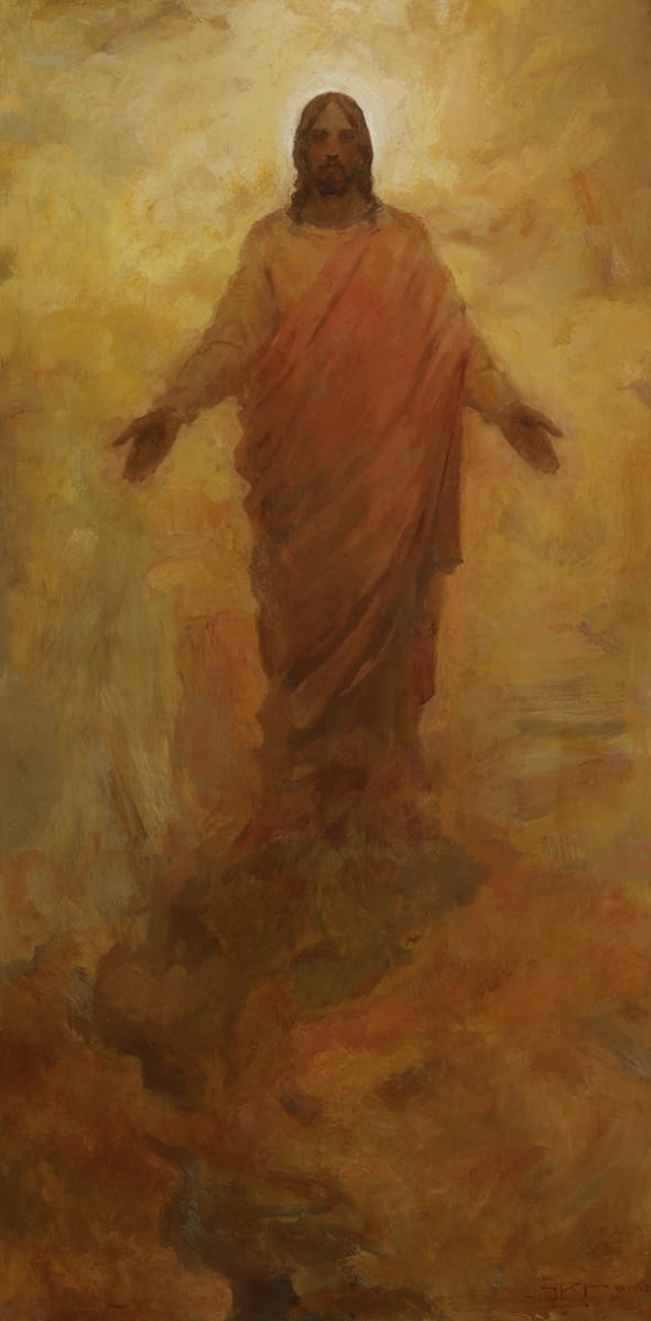 Christus by J. Kirk Richards  Image: Christ in the morning light, descending from the clouds, arms outstretched. 