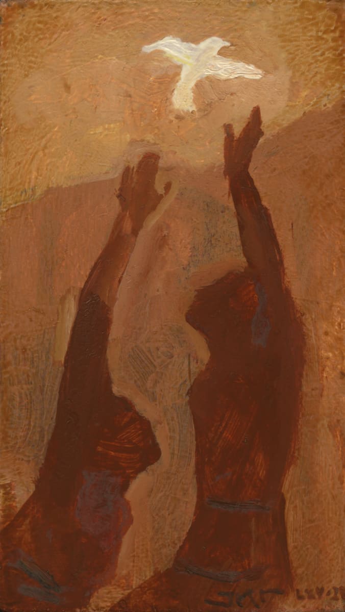 Bring Us Peace by J. Kirk Richards  Image: Reaching for peace. Two figures reach for the form of a dove. 