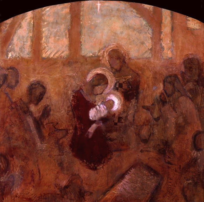 Nativity by J. Kirk Richards  Image: Holy Family with worshippers in brown tones. 