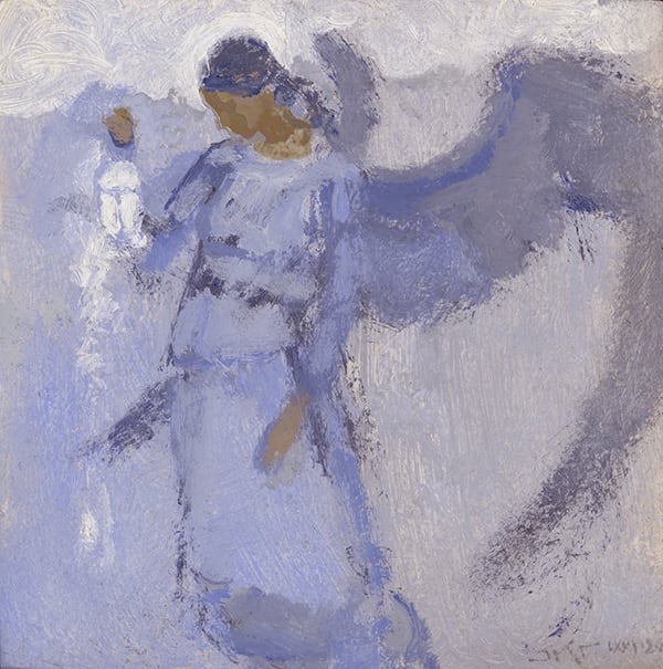 Angel with Lamp In Blue by J. Kirk Richards  Image: Angel with dimly glowing light in blue haze. 