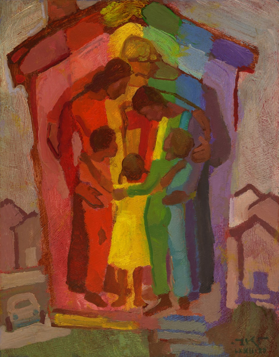 We Have a Rainbow House III by J. Kirk Richards  Image: A colorful family embrace in their colorful home. 