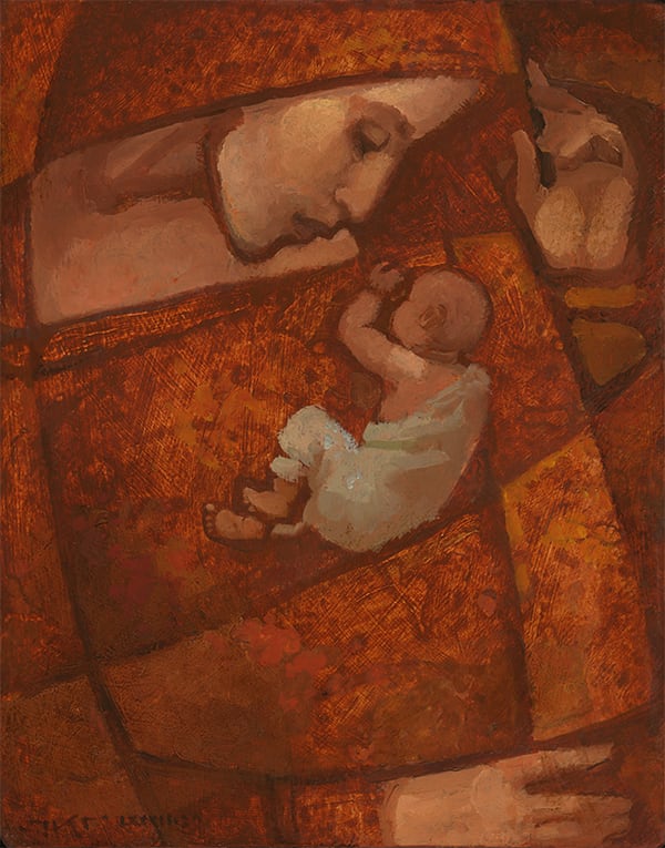 Mother and Child by J. Kirk Richards  Image: A mother in sienna cradles her baby. 
