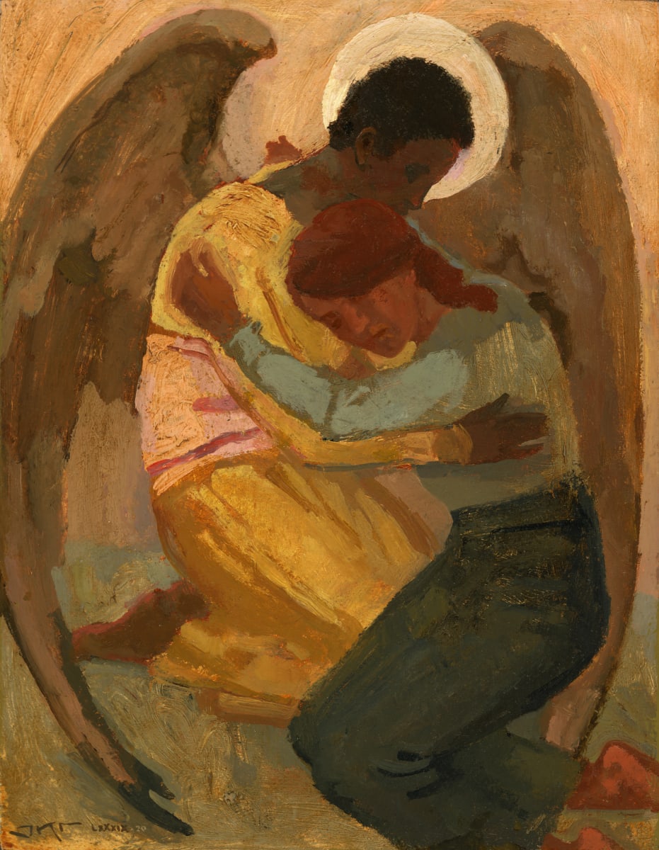 Angel of Empathy by J. Kirk Richards  Image: Daily Painting 36, 2020. An angel comforts a kneeling woman. 