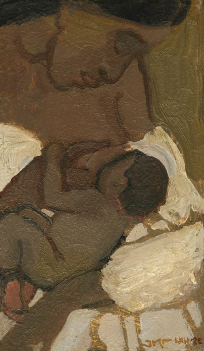 Summer Nursing by J. Kirk Richards  Image: A mother nursing her baby in a cream dress. 