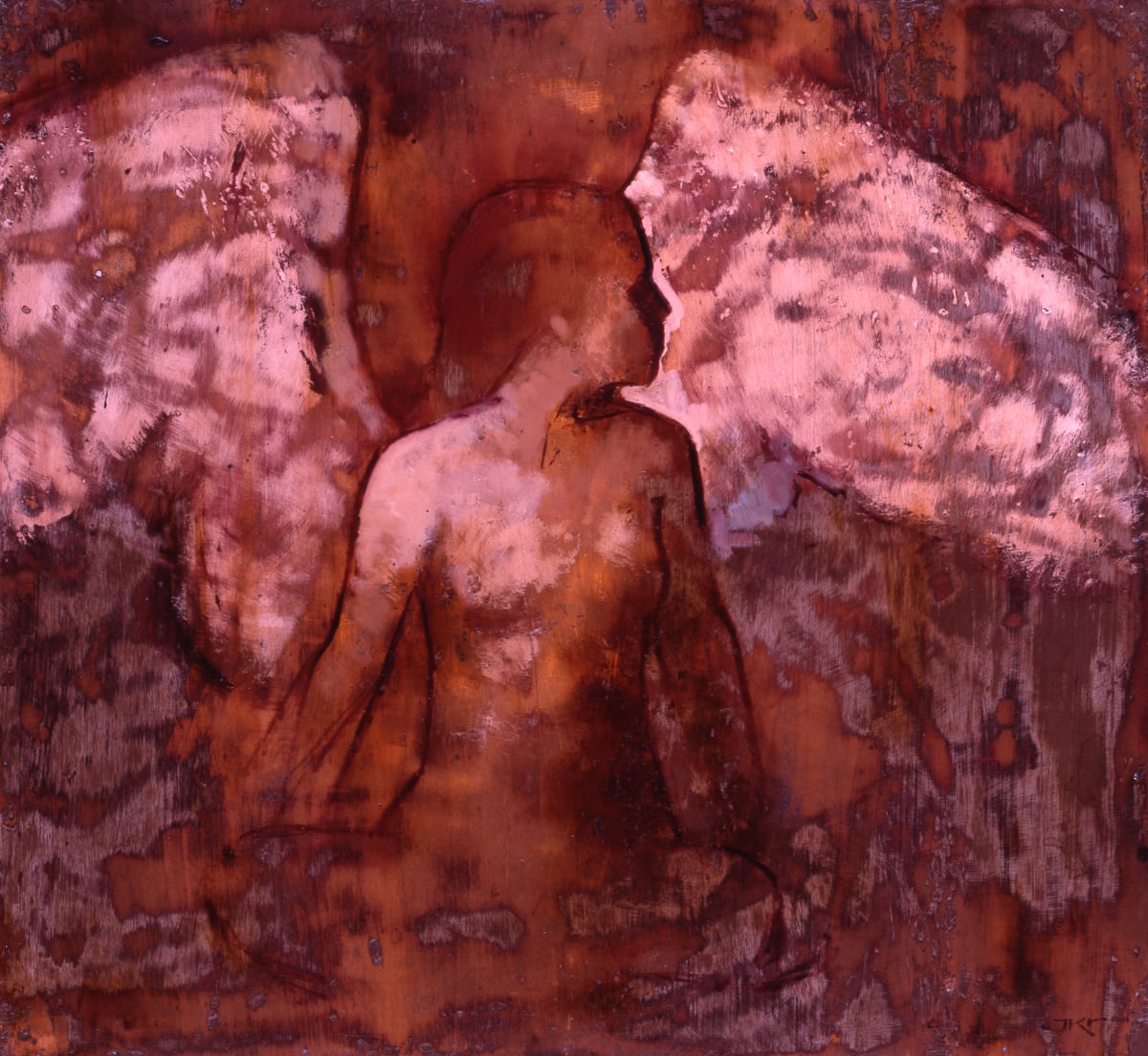 Figure with Wings VI by J. Kirk Richards  Image: Young winged angel with outstretched wings. Rose tones. 