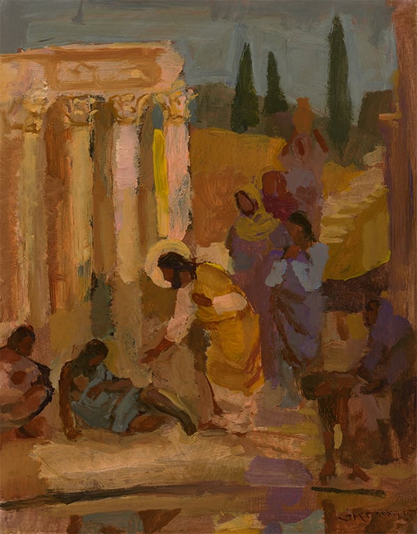 Waiting for the Moving of the Water by J. Kirk Richards  Image: Christ heals a man at the pool of Bethesda. 