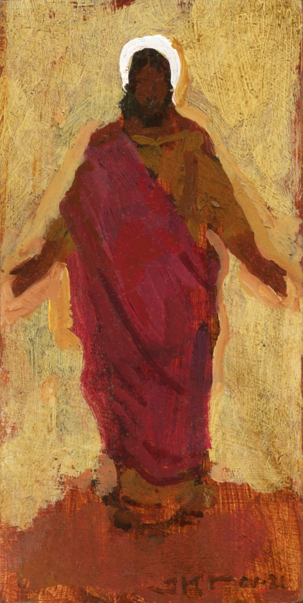Jesus Christ by J. Kirk Richards  Image: Daily painting 66, 2021.  Christ descending in a red robe. 