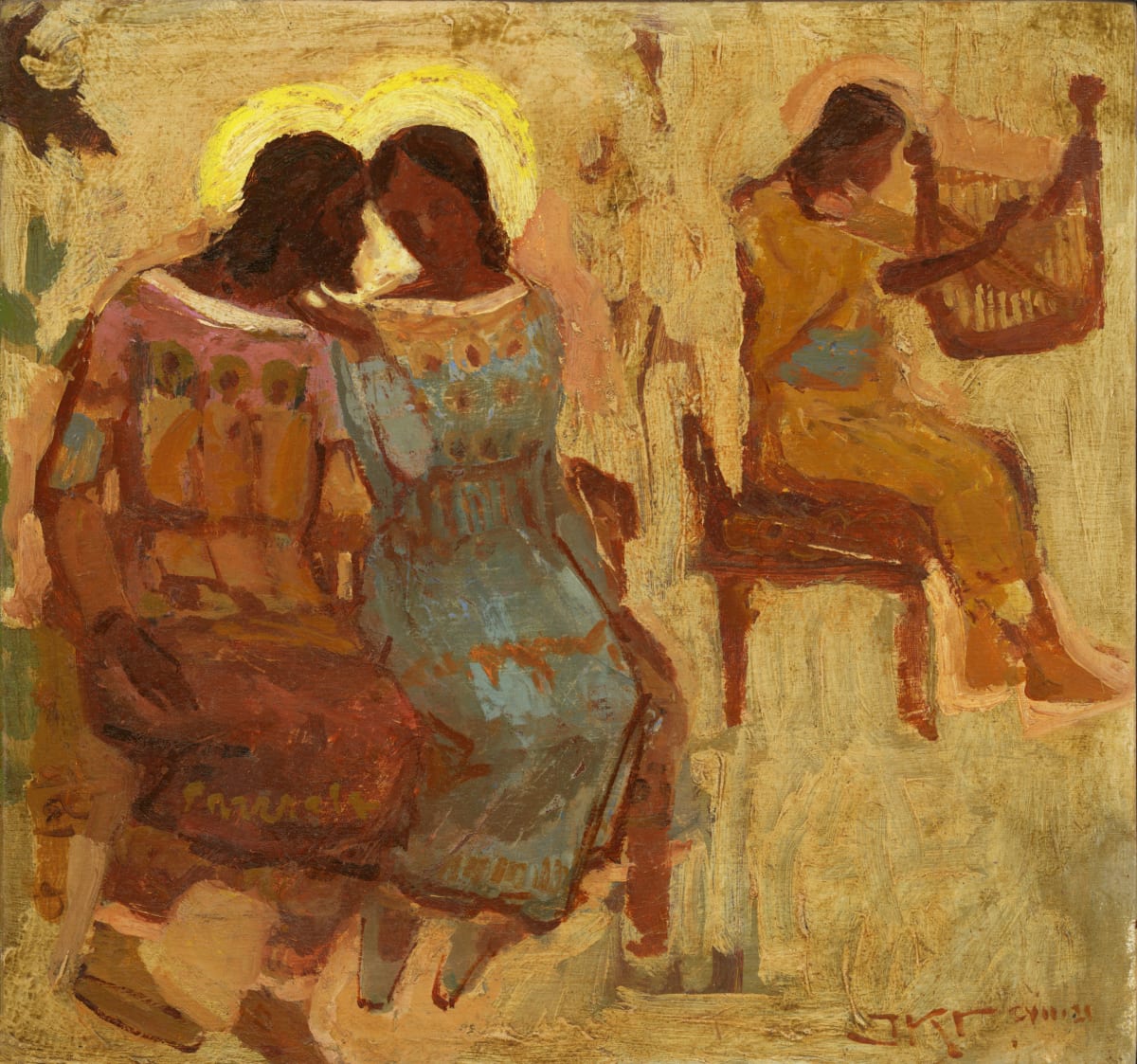 Music in the House of the Gods by J. Kirk Richards  Image: Daily Painting 68, 2022. Inspired by an ancient sketch of God and Asherah, seated at a concert. 