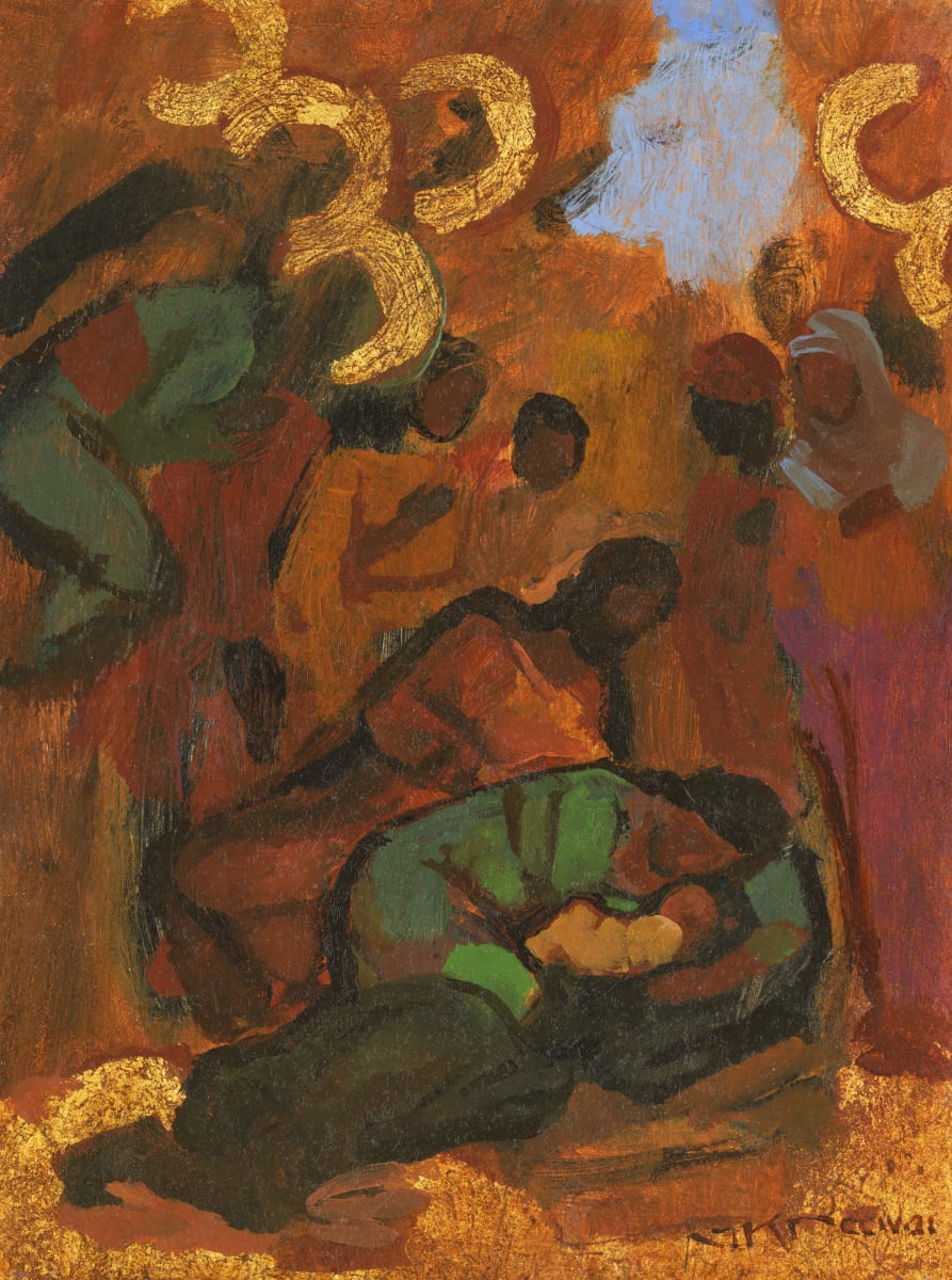 Nativity by J. Kirk Richards  Image: The holy family surrounded by worshippers. 