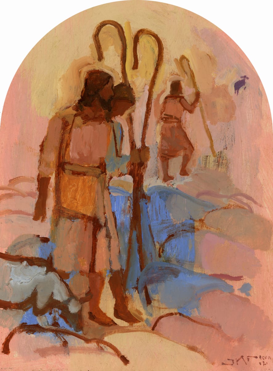 Shepherd in Motion by J. Kirk Richards  Image: Daily painting 67, 2021. Shepherds walking with their sheep. 