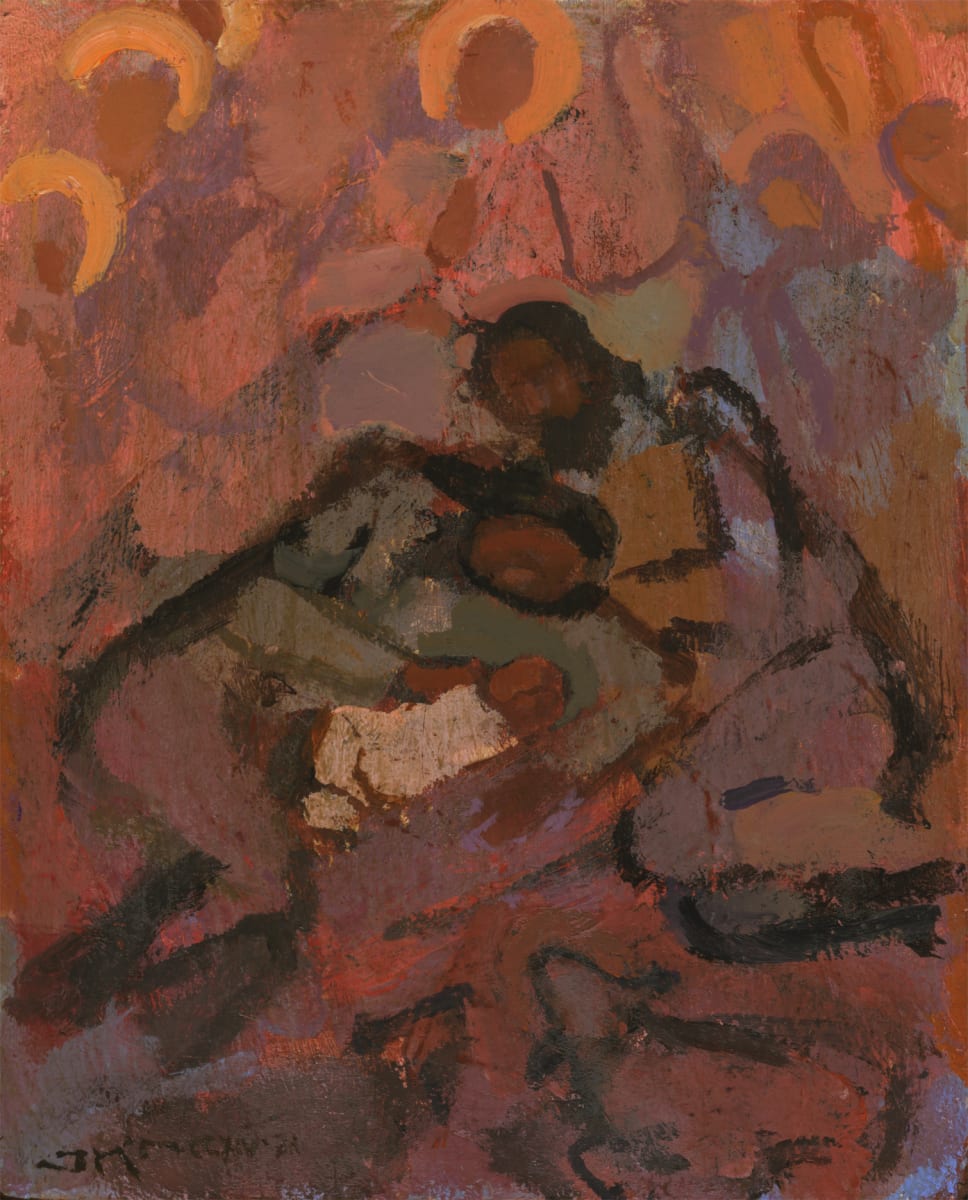 Nativity by J. Kirk Richards  Image: Daily Painting 69, 2021. A crowd gathers around the Holy Family 