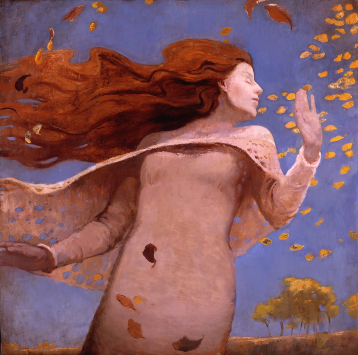 Leaning Against The Wind by J. Kirk Richards  Image: Woman leaning against the wind