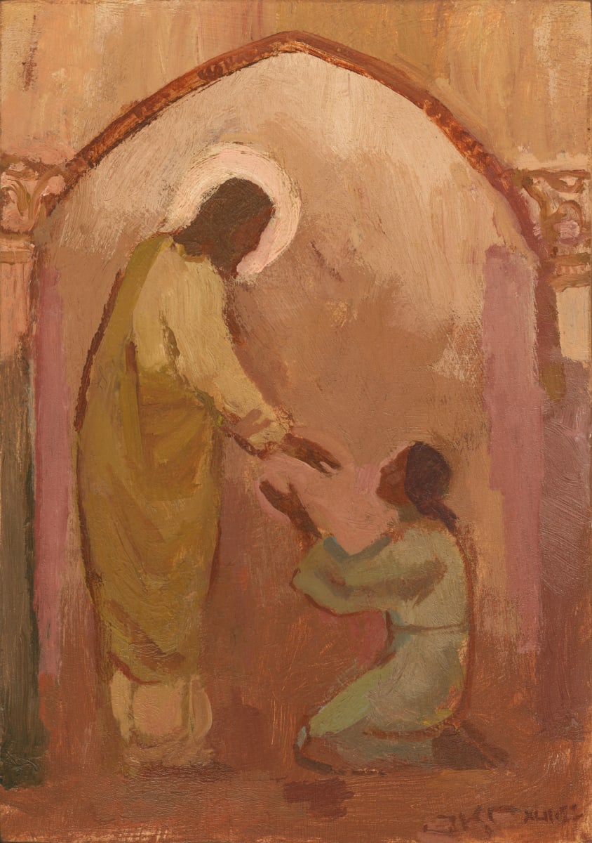 Sanctuary by J. Kirk Richards  Image: Daily Painting 99, 2022. Christ comforts a kneeling woman. 