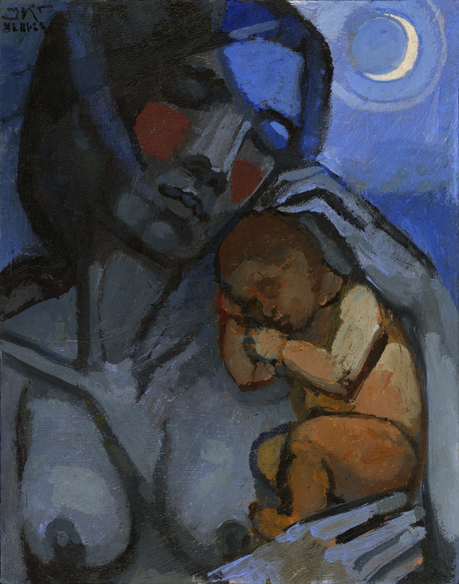Summer Night by J. Kirk Richards  Image: Daily Painting 98, 2022. A mother and child sleeping close in the night. 