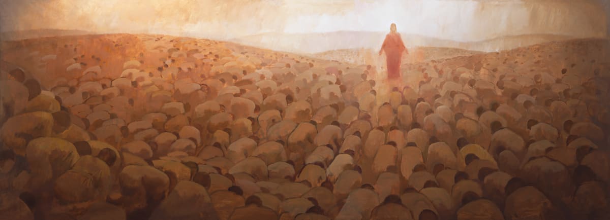 Every Knee Shall Bow by J. Kirk Richards  Image: Crowd bowing to Jesus Christ