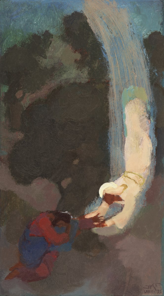 Gethsemane by J. Kirk Richards  Image: Daily painting 90, 2022. An angelic figure comforts the atoning Christ in the garden. Luke 22:43. 