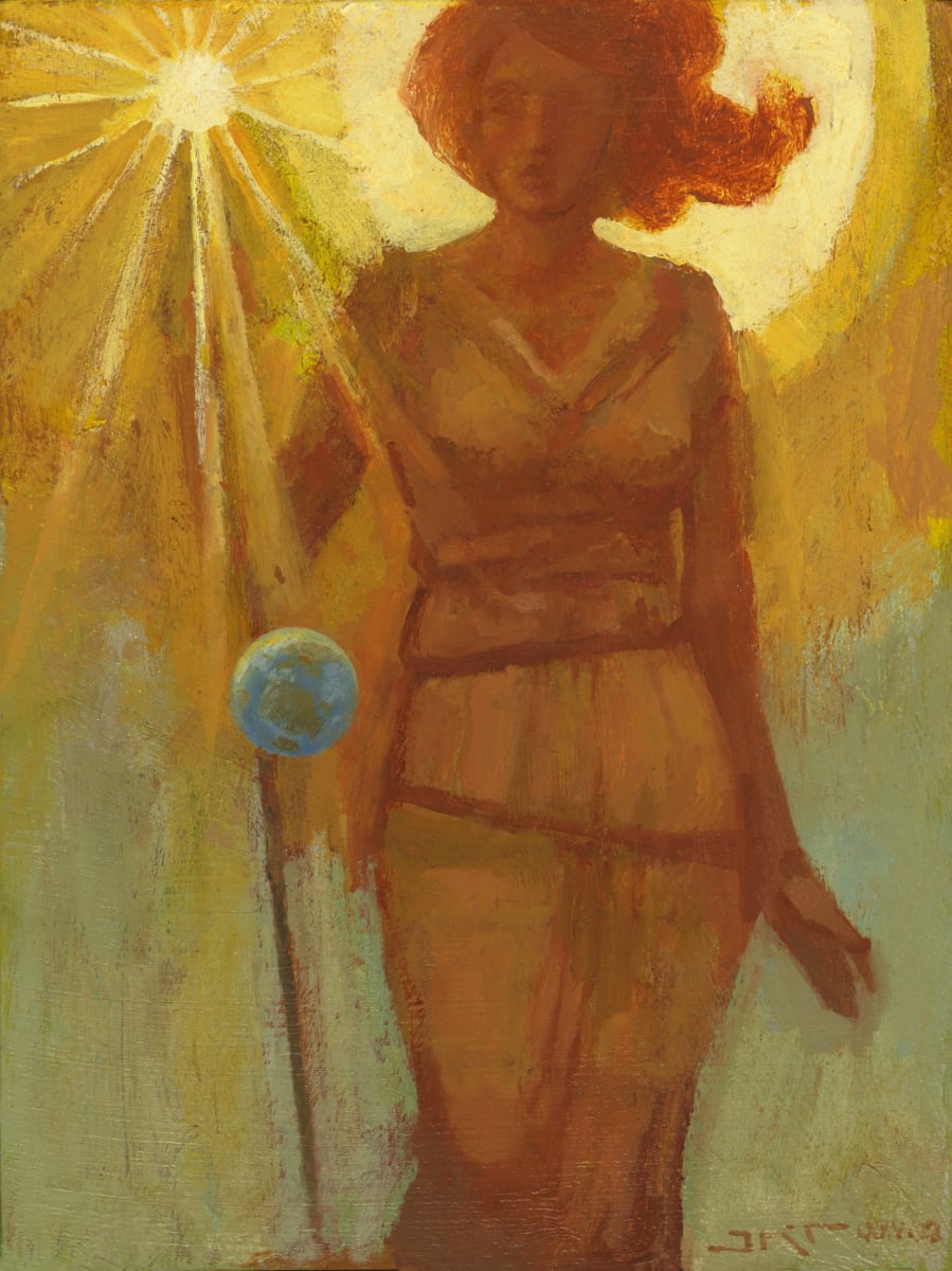 The World Feels Her Light by J. Kirk Richards  Image: A divine woman holds the sun in her staff. 