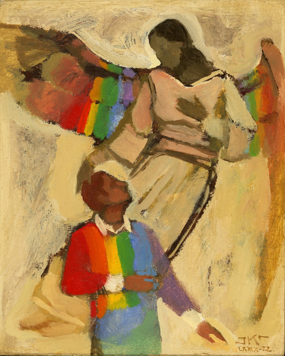 A Blessing on Your Head by J. Kirk Richards  Image: An angel with rainbow wings blesses a man dressed in many colors. Daily painting 87, 2022. 