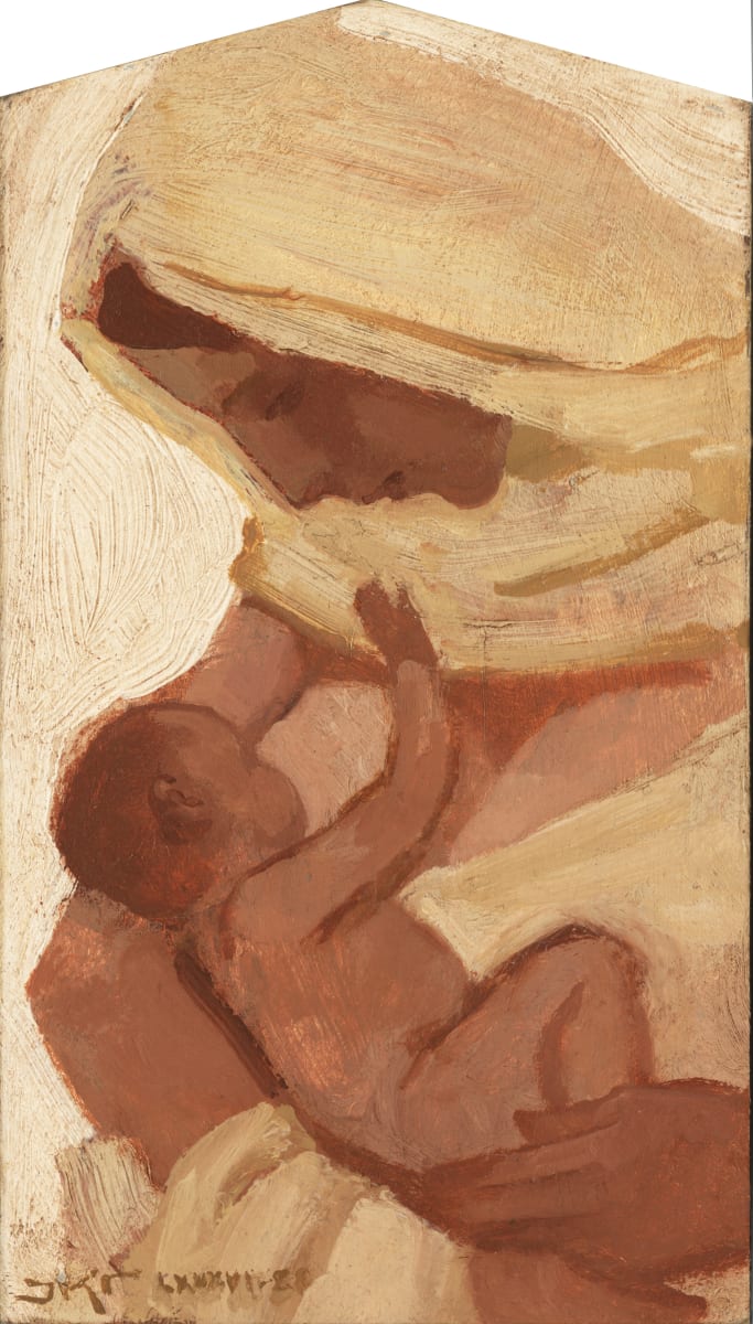 Nursing Mother Wrapped in White by J. Kirk Richards  Image: Daily Painting 80, 2022. A scarfed mother nurses her baby. 