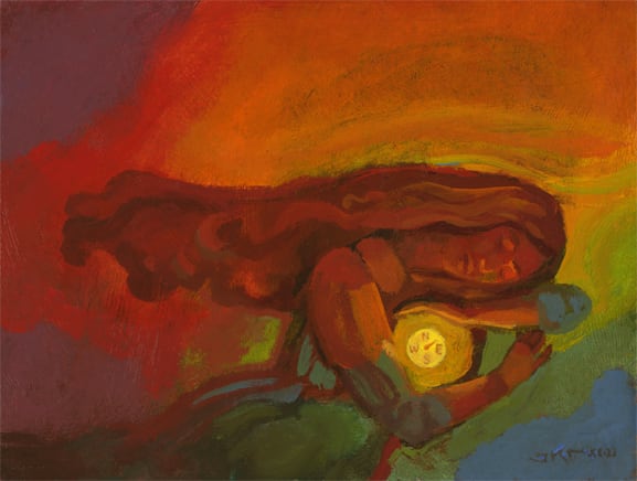 Inner Compass by J. Kirk Richards  Image: A woman embraces a compass. 