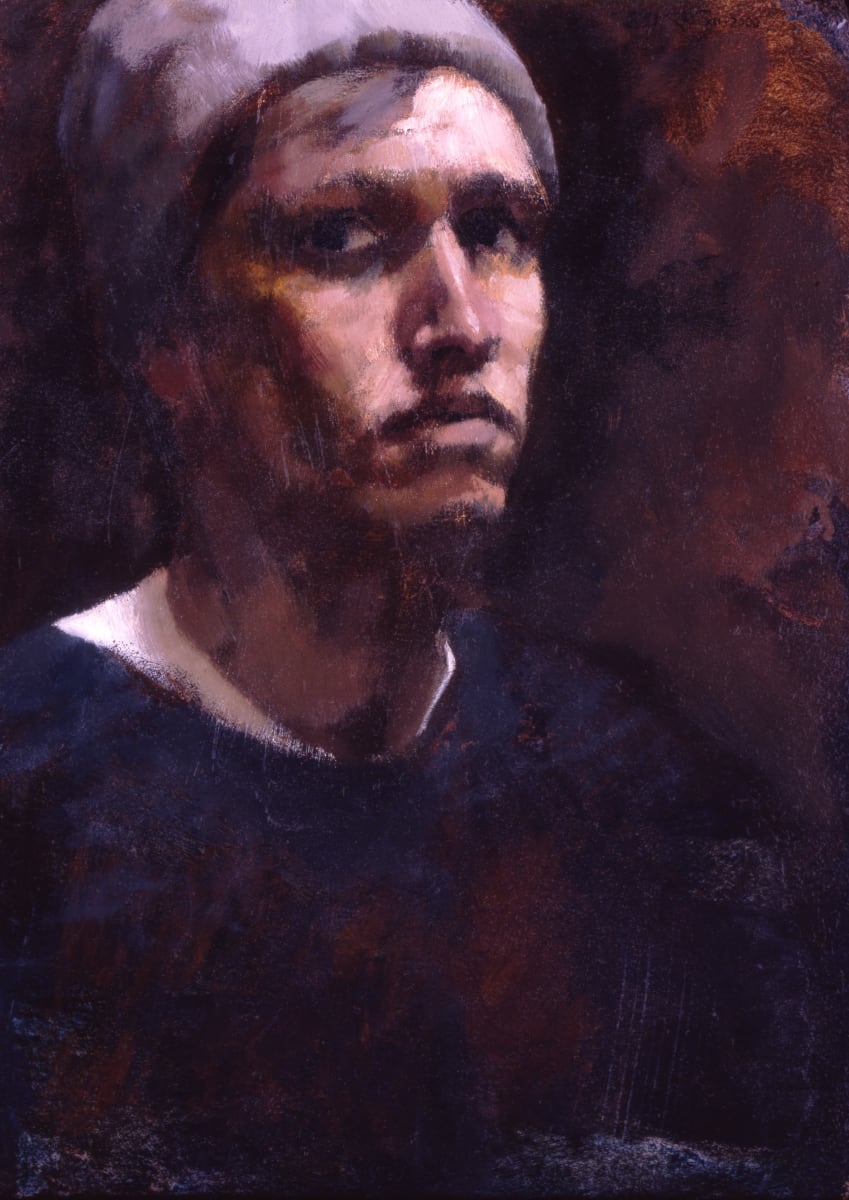 Self Portrait with Stocking Cap by J. Kirk Richards  Image: Self portrait of the artist in blue and violet tones.