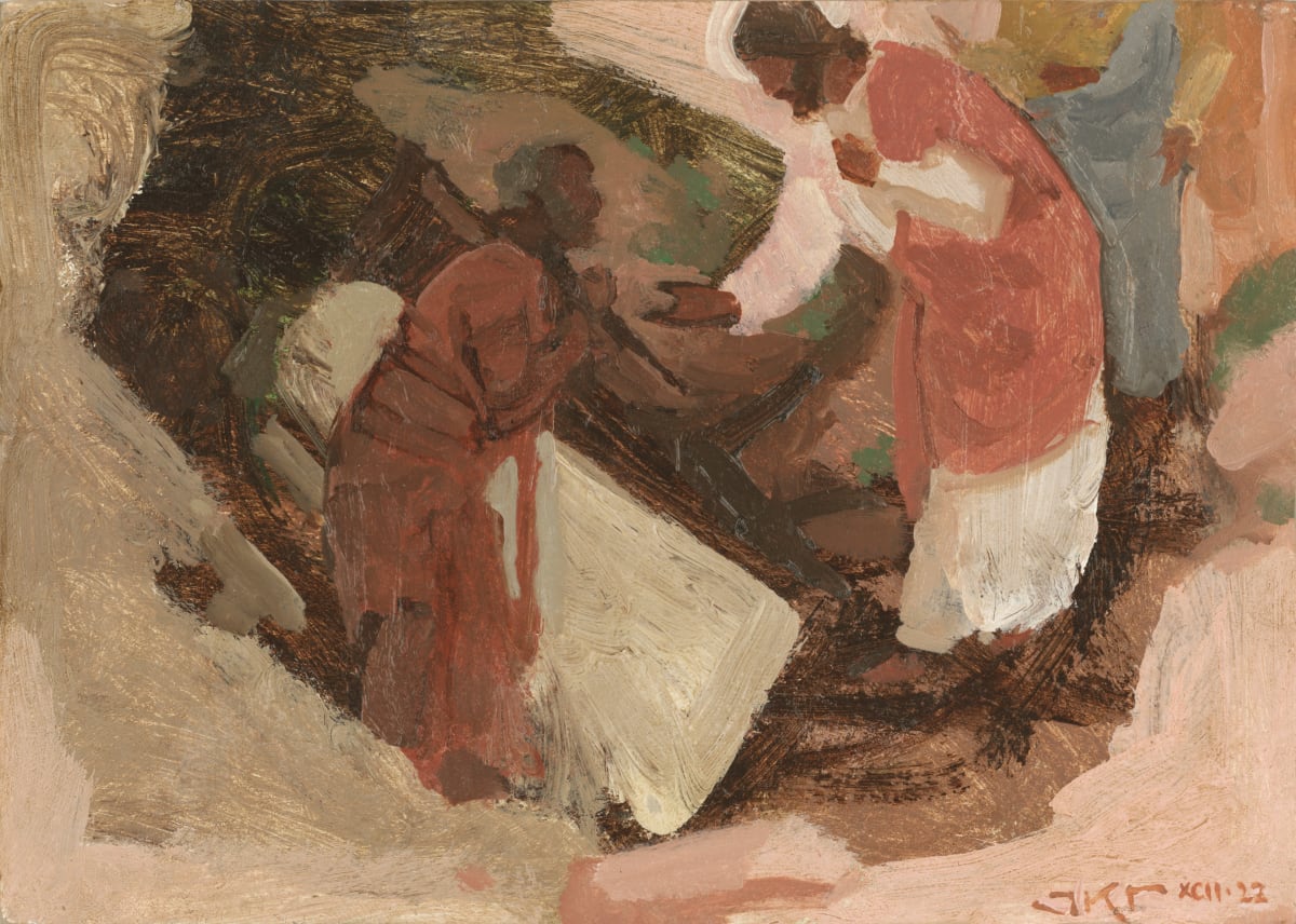 Raising of Lazarus by J. Kirk Richards  Image: Daily Painting 77, 2022. Christ greets the risen Lazarus at the tomb door. 