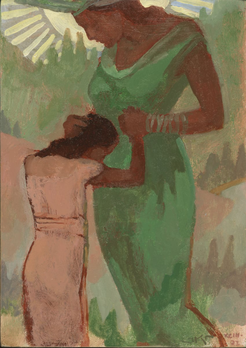 Her Daughters Comforted By Mother Earth by J. Kirk Richards  Image: Daily Painting 76, 2022. Mother Nature embraces a young woman. 