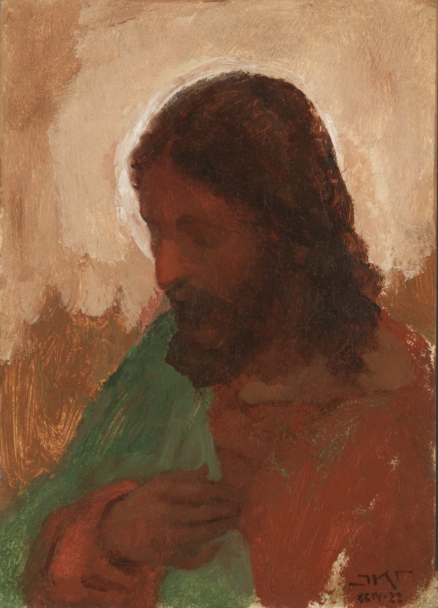 Pie Jesu Domine by J. Kirk Richards  Image: Daily Painting 75, 2022. Portrait of Christ in thought or silent prayer. 