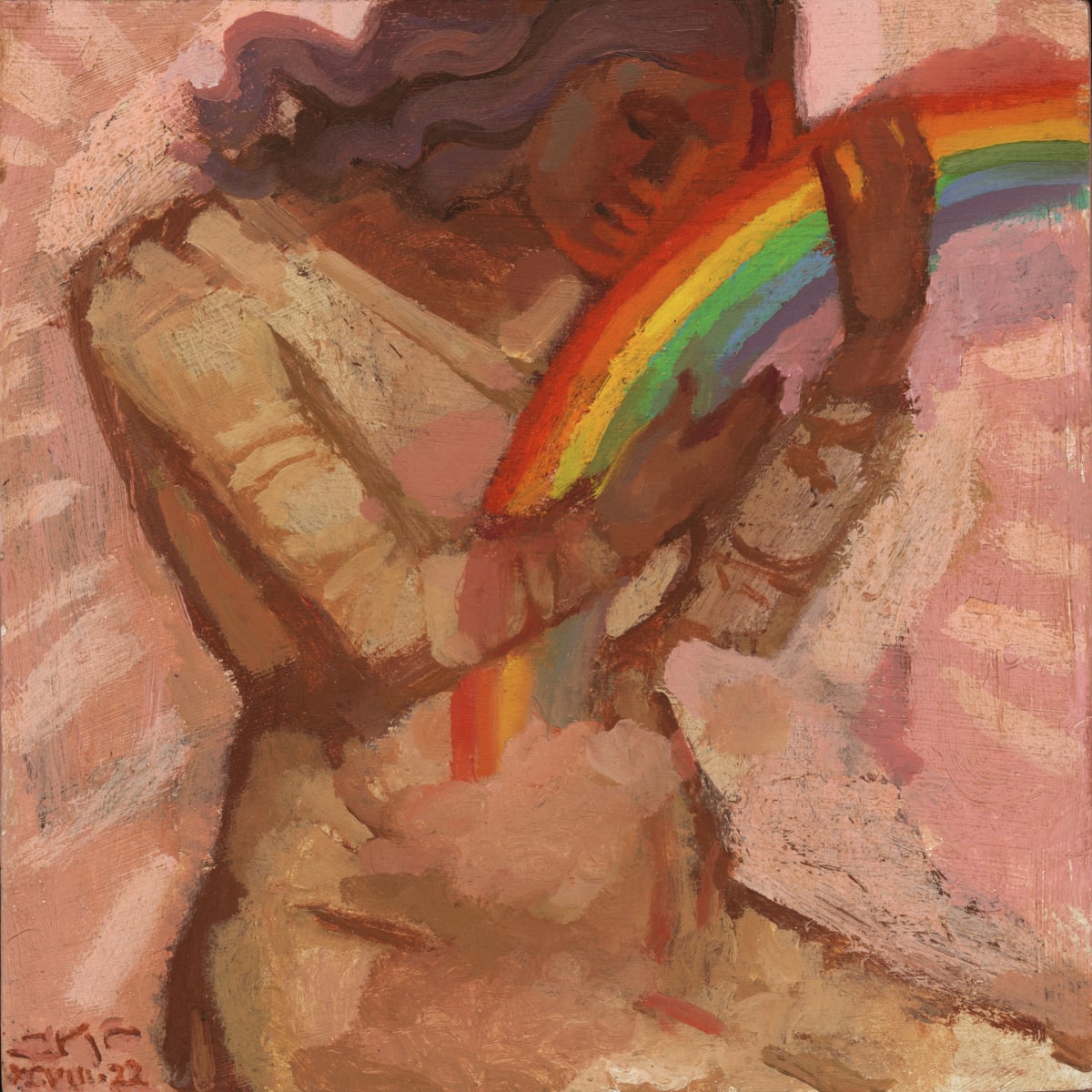 The  Mother Embraces the Rainbow by J. Kirk Richards  Image: A woman cradles the beams of a rainbow in her hands. 