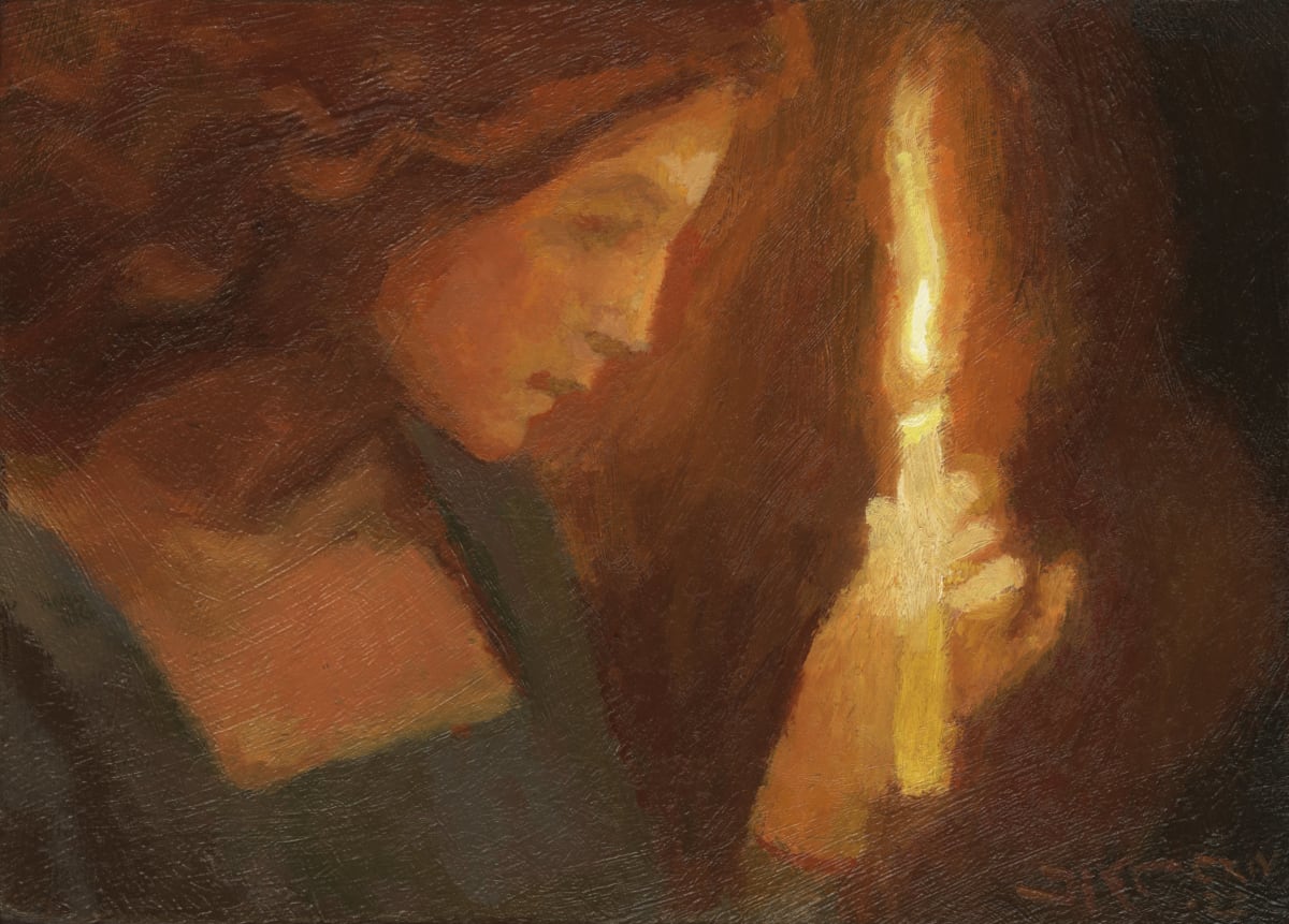 Stepping Forward in the Dark II by J. Kirk Richards  Image: Woman moves with candle through the dark.  Part of a diptych of the same title.
All rights retained by J. Kirk Richards. Contact the artist at email@jkirkrichards.com for licensing requests. 