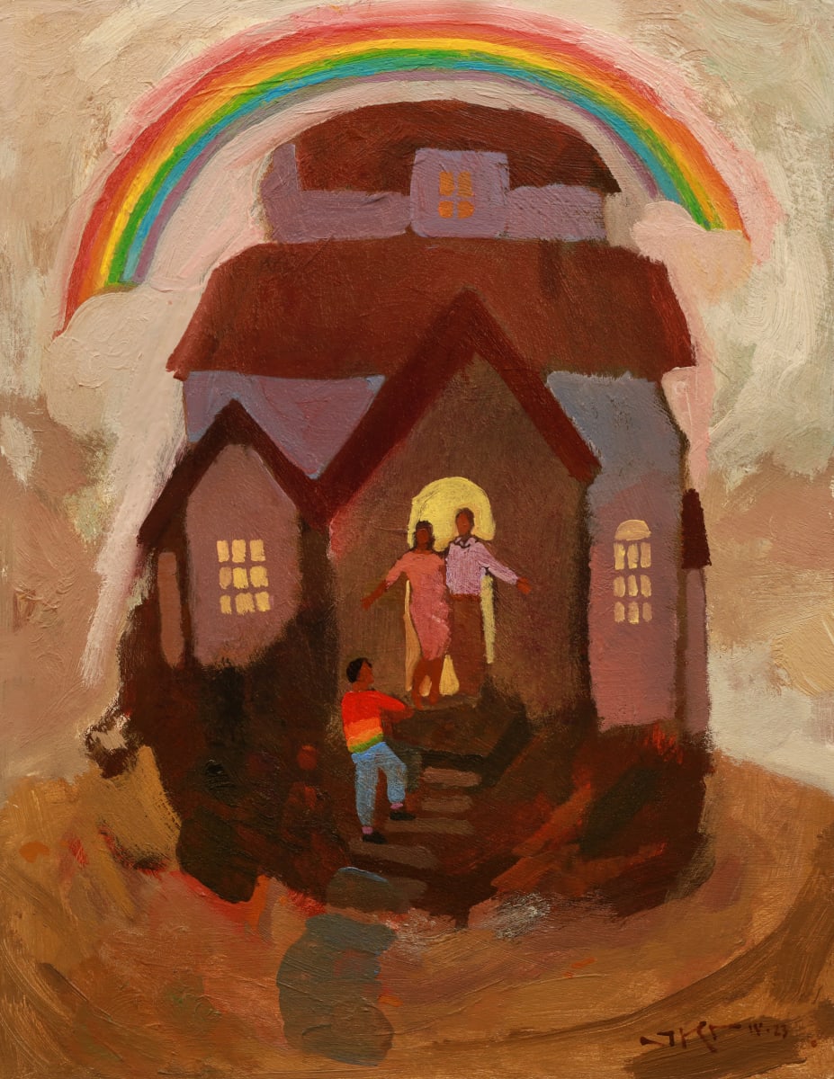 Welcome Home by J. Kirk Richards  Image: Two parents welcome a rainbow clad child into the house. 