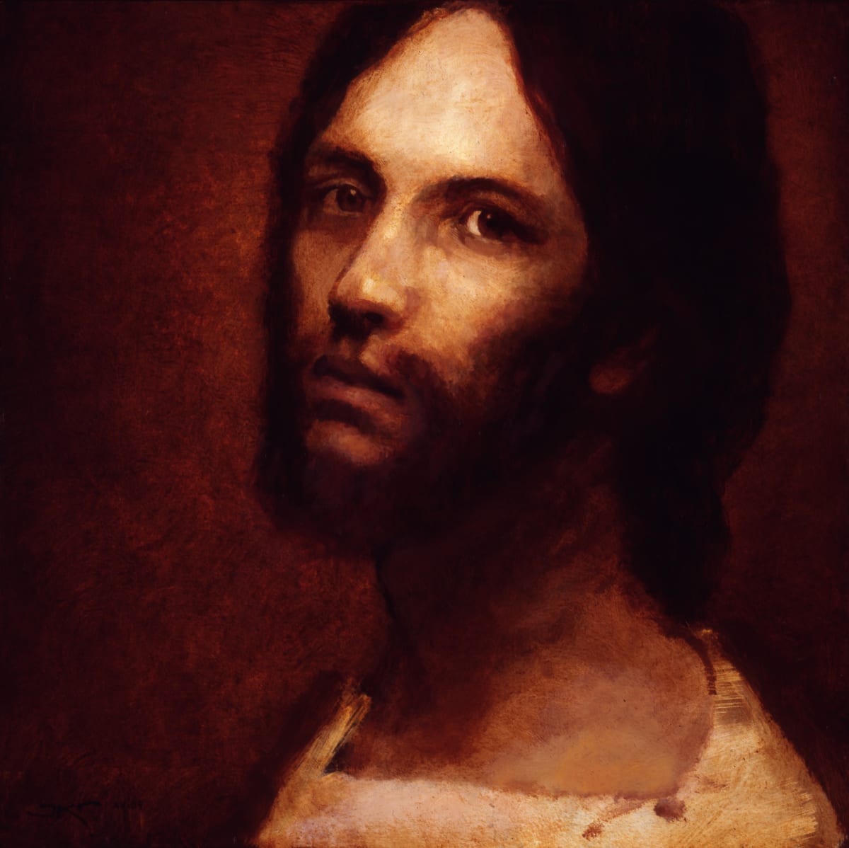 Christ Portrait VIII by J. Kirk Richards  Image: Young Christ looking at the viewer over his shoulder. 