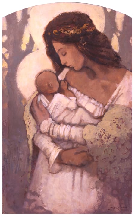 Mother and Child in White by J. Kirk Richards  Image: Mother cradles her baby among trees, both in white. 