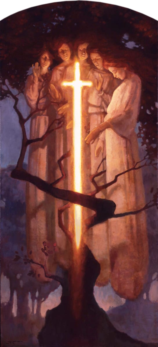 The Sun Sets on Eden by J. Kirk Richards  Image: Cherubim with a flaming sword surround the Tree of Eternal Life. 