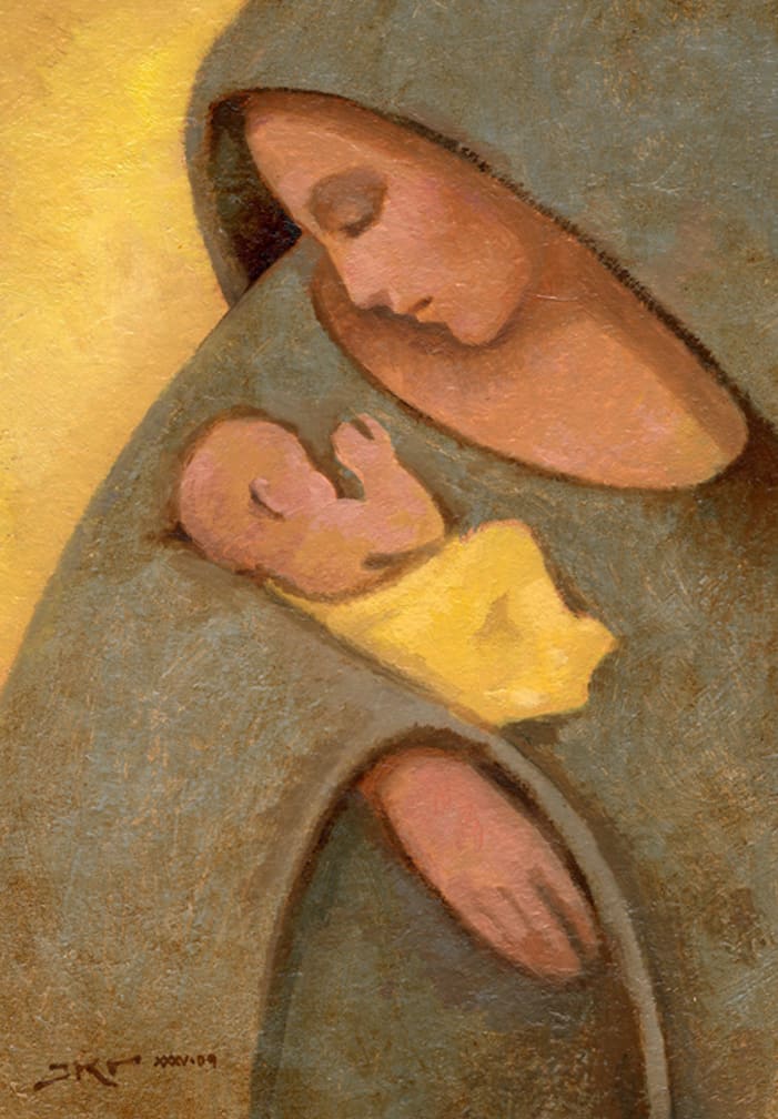 Mother and Child, Elliptical by J. Kirk Richards  Image: Mother and Child in sage and yellow tones, elliptical shapes. 