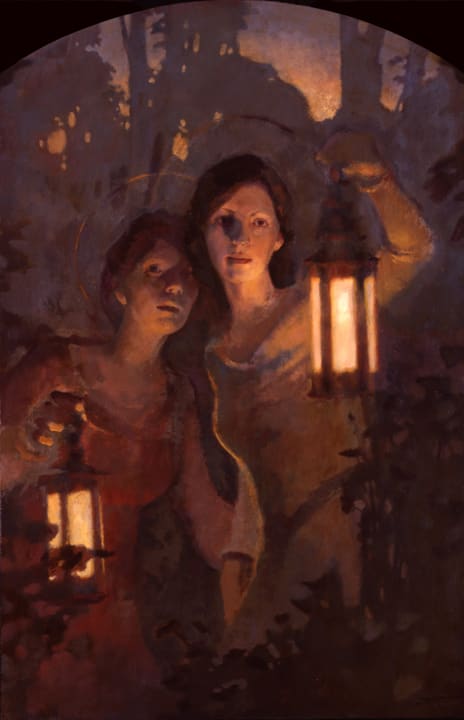 Sisters (Light in the Darkness) by J. Kirk Richards  Image: Sisters with lanterns in a dark landscape