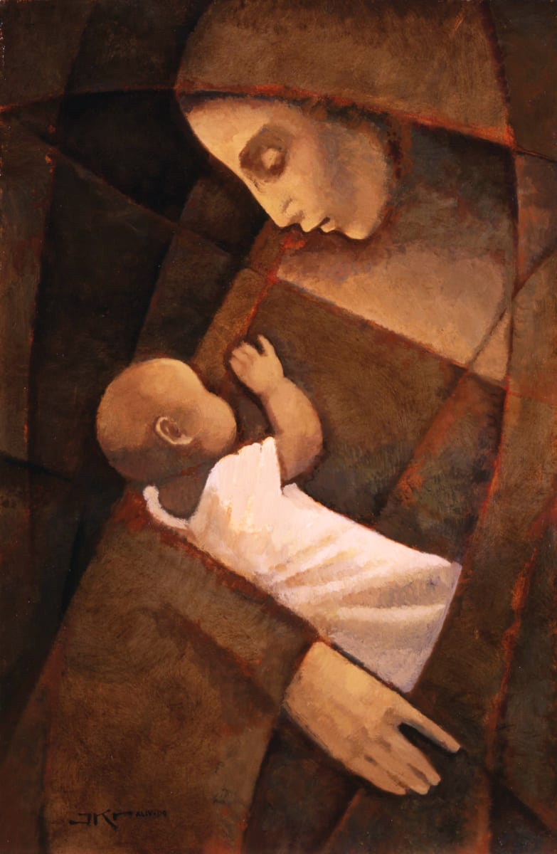 Mother and Child in Rust by J. Kirk Richards  Image: Mother in rust and brown tones with baby in white. 