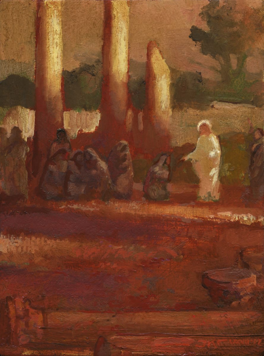 Jesus Ministering Among the Lepers by J. Kirk Richards  Image: Jesus healing a crowd of lepers at sunset. 
