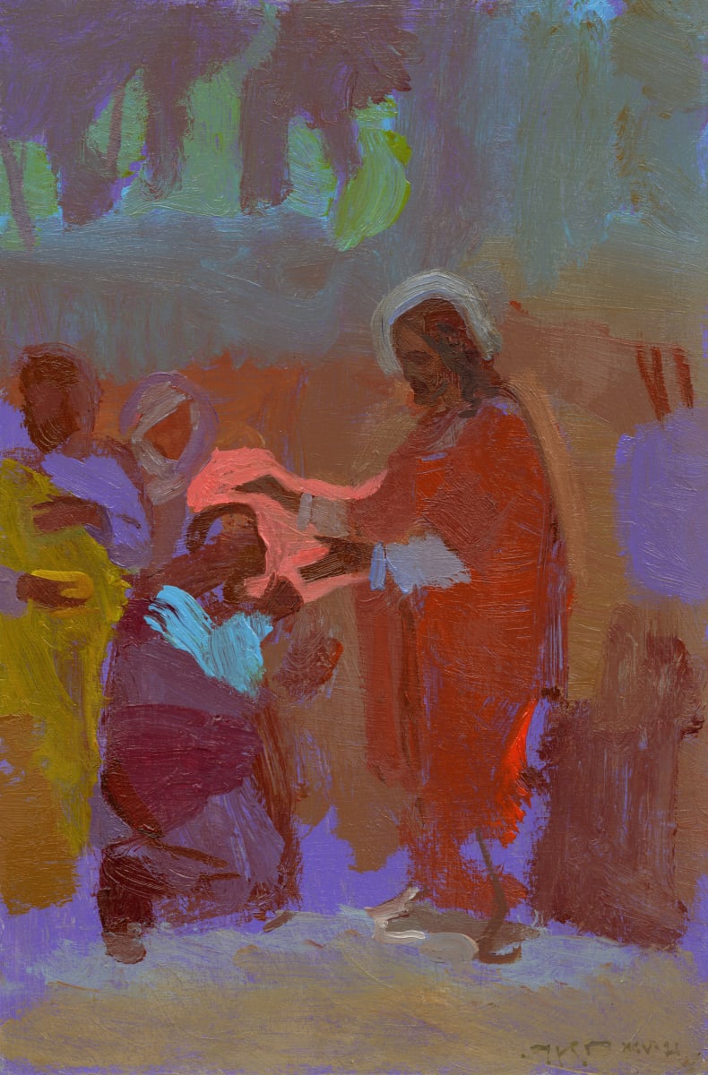Healer by J. Kirk Richards  Image: Daily Painting 95. Christ heals a kneeling woman. 
Copyright retained by J. Kirk Richards. Contact the artist to license this image for publication.
