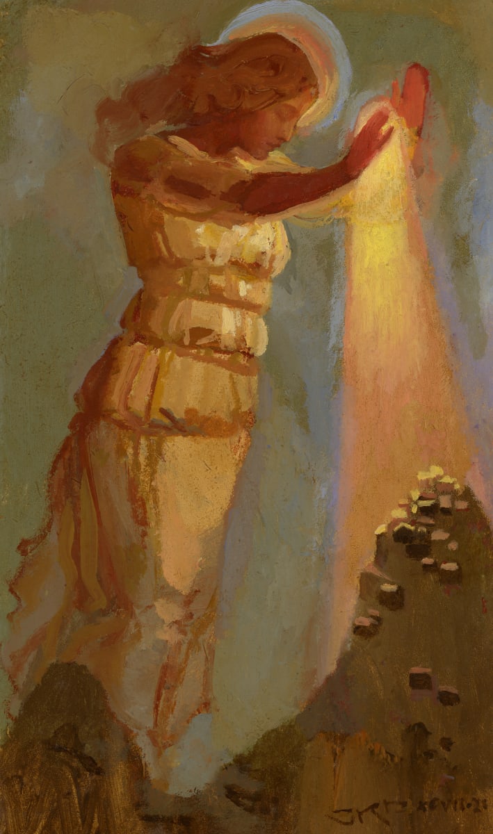 Her Light Upon the City by J. Kirk Richards  Image: Daily Painting 93, 2021. A divine figure blesses a city. 
Copyright retained by J. Kirk Richards. Contact the artist at email@jkirkrichards.com to license this image for publication.