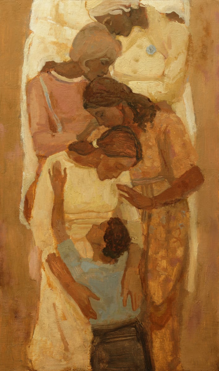 Divine Lineage by J. Kirk Richards  Image: A child's ancestral mothers embrace one another as the child reaches for his mother. 
