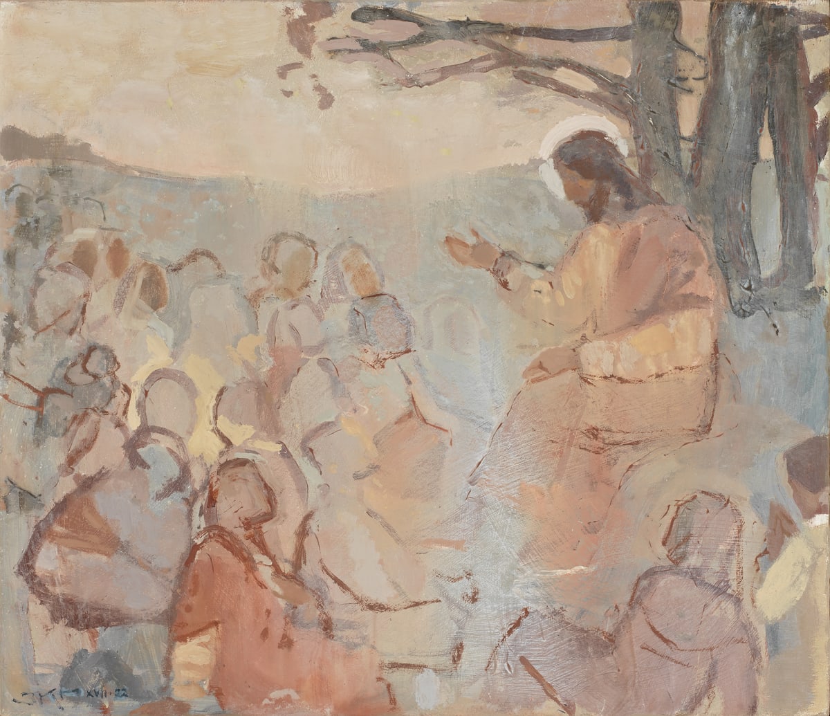 Blessed Are They by J. Kirk Richards  Image: Jesus teaches the Sermon on the Mount. 

Available in print form via Shopify. 
