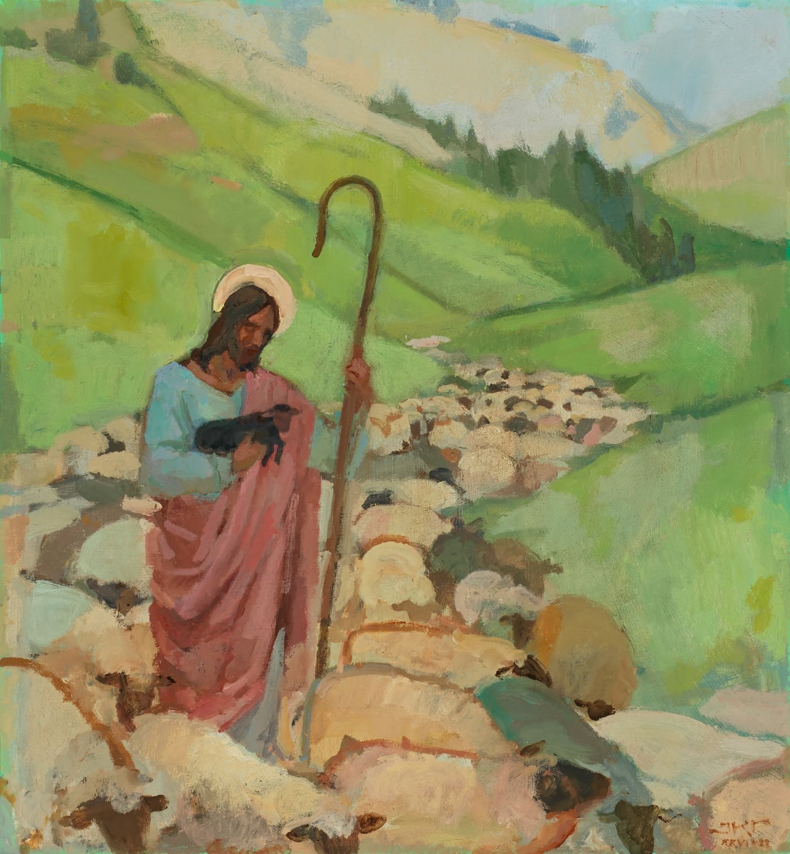 Good Shepherd by J. Kirk Richards  Image: The Good Shepherd with his flock in a summer field. 