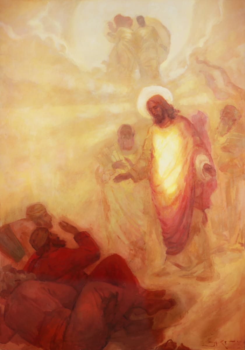Transfiguration by J. Kirk Richards  Image: Christ shows his divinity to three apostles on the Mount. 