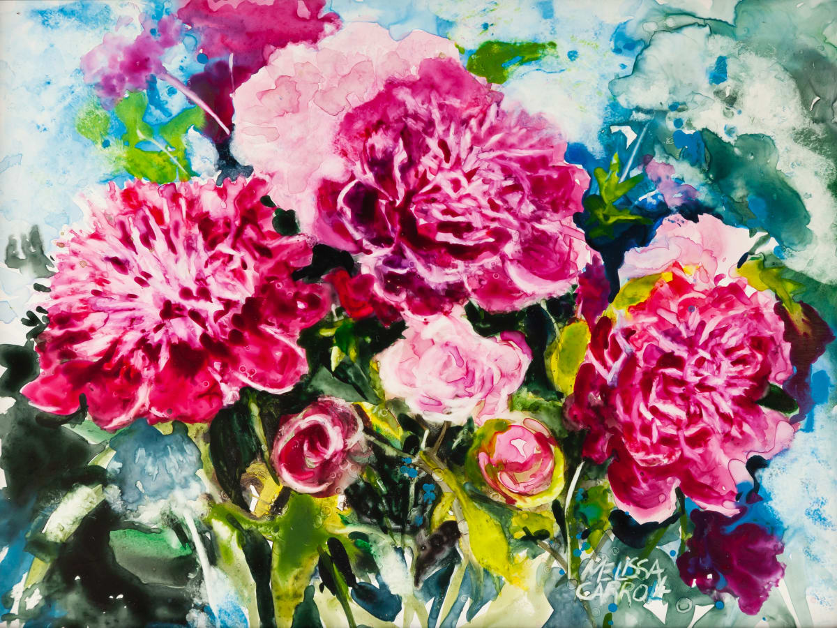 Spontaneous  Peonies by Melissa Carroll  Image: Varnished Watercolor on Yupo Paper
