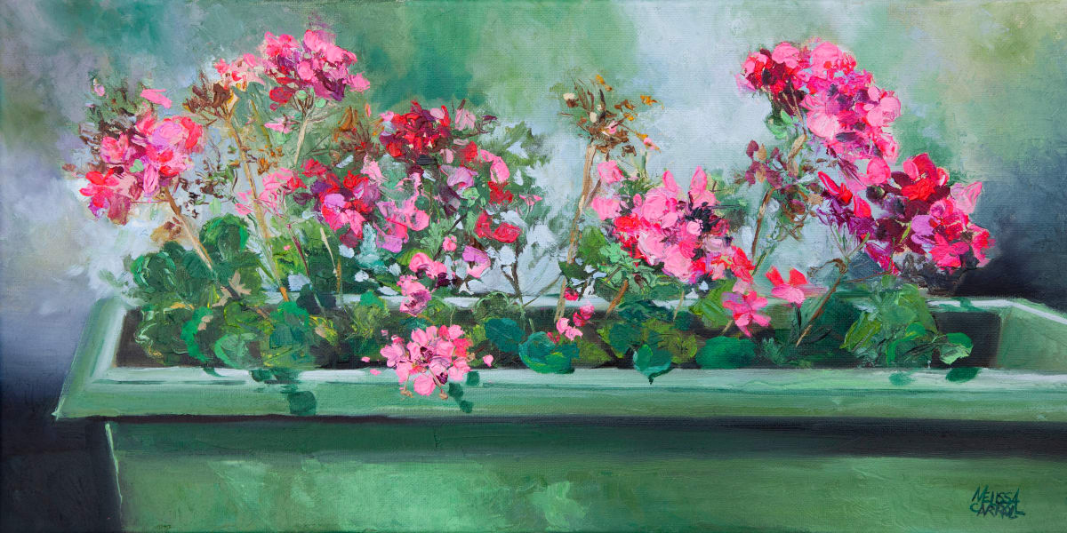Pink Geranium Box by Melissa Carroll  Image: Plein air. Finished in studio.