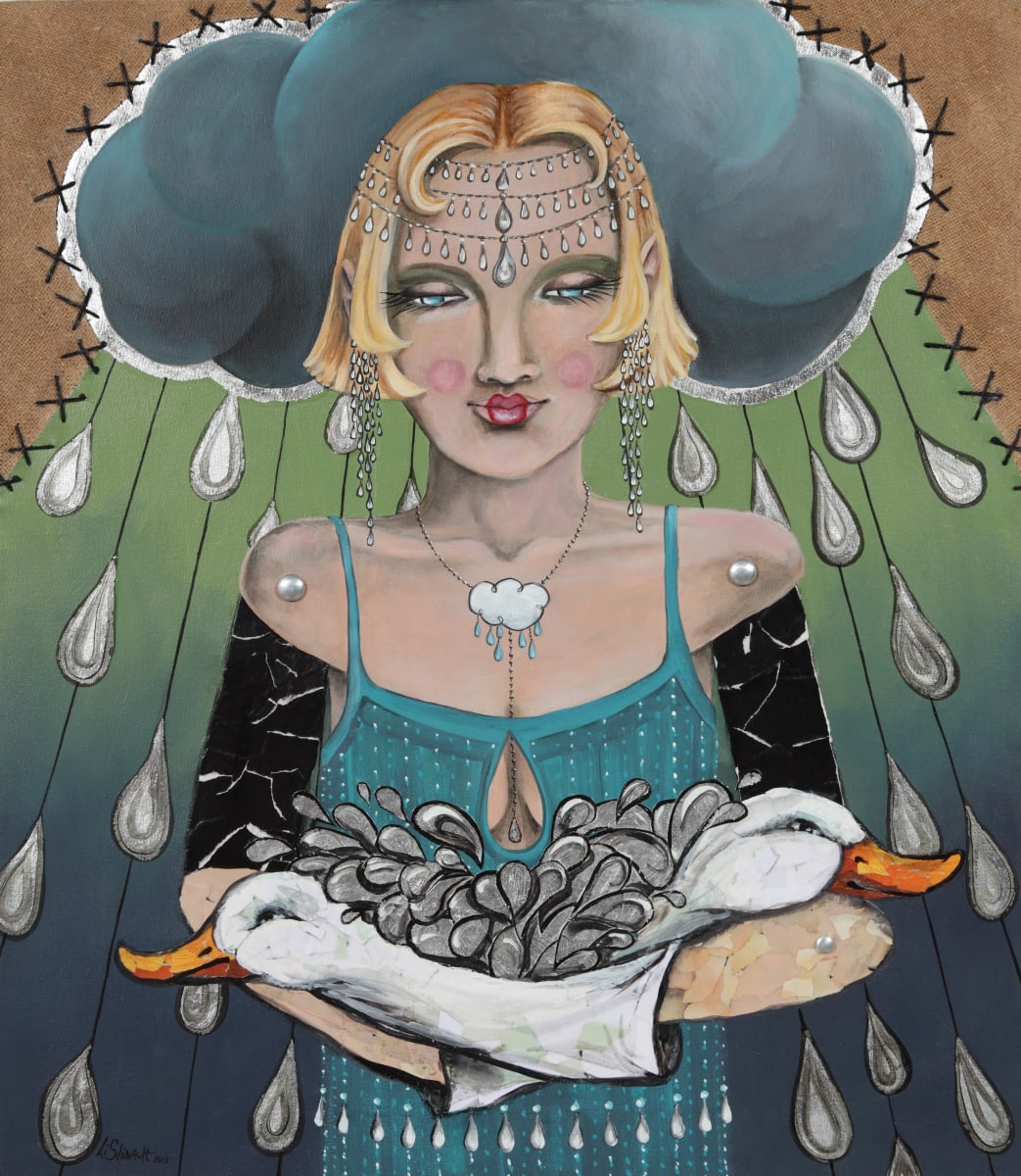 RainDrop Collector by Lisa Shinault  Image: A 1920's stylized doll woman wearing duck gloves and raindrop inspired jewels collects individual raindrops from a piece of scenery in the form of a  silver-lined raincloud. 